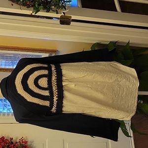 ODDY navy blue & cream linen long sleeve top sweater knit arc back Medium EUC…